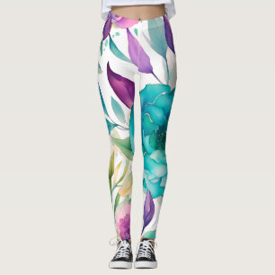 Leggings Flores d'aquarelle bleu Rose pourpre