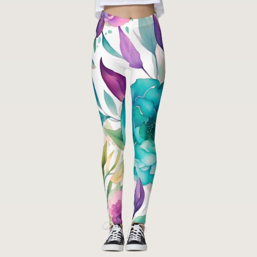 Leggings Flores d'aquarelle bleu Rose pourpre (Devant)