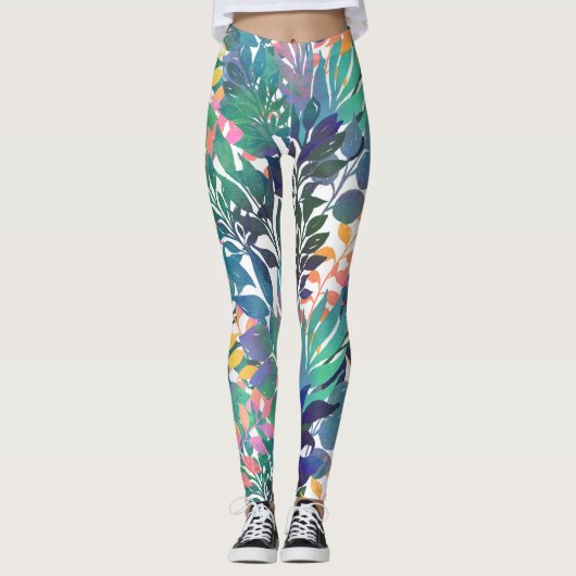 Leggings Foliage de la Jungle tropicale Aquarelle Verdure (Devant)