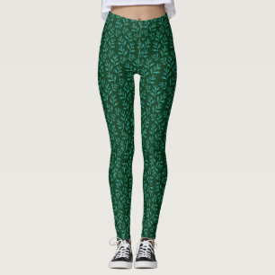 Leggings Fond vert foncé avec feuilles botaniques sarcelle