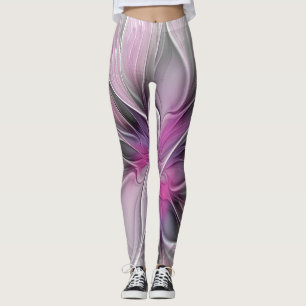 Leggings Fractal Floral Moderne Abstrait Fleur Rose Gris
