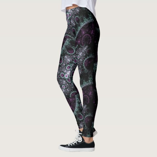 Leggings Fractale florale en spirale verte pourpre foncée (Gauche)