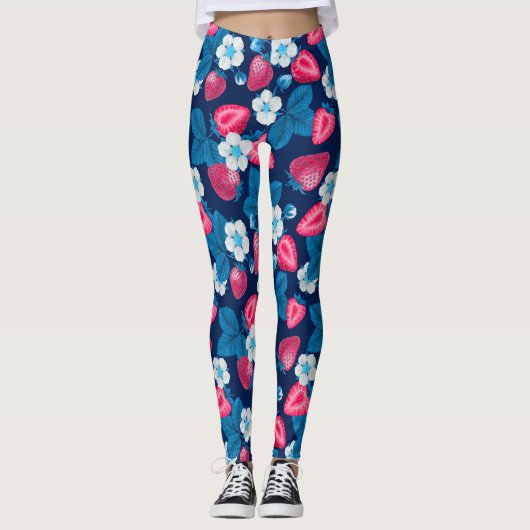Leggings Fraises roses sur bleu (Devant)