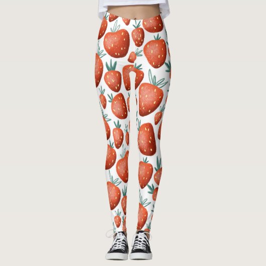 Leggings Fraises rouges Arrière - plan blanc sans joint (Devant)