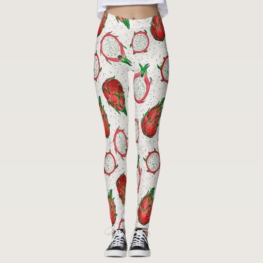 Leggings Fruit de dragon rouge sur blanc (Devant)