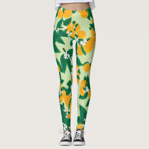 Leggings Fruit orange : motif vintage vert.