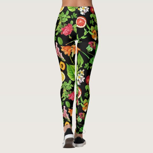 Leggings Fruits And Leaves Pattern On Black (Dos)