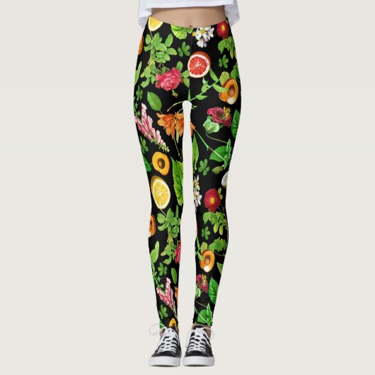 Leggings Fruits And Leaves Pattern On Black (Devant)