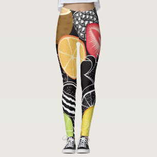 Leggings Fruits tropicaux colorés, fond noir.