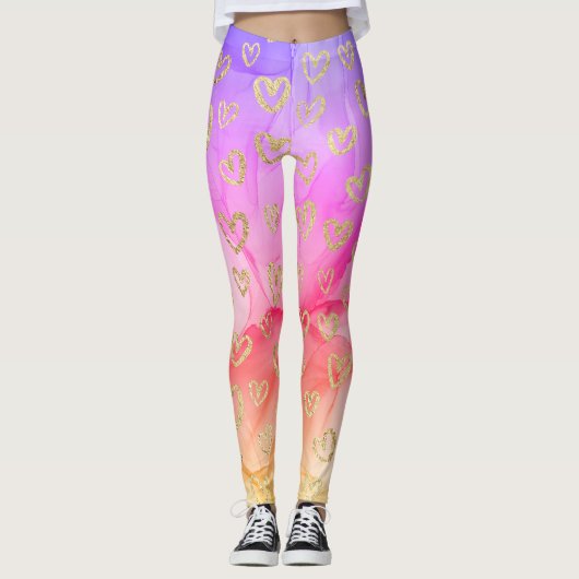 Leggings Fun Purple Rose Jaune Faux Foil Coeurs Or (Devant)