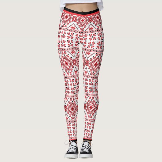 Leggings Fun Red Black Nordic Fair Isle Snowflake Motif (Devant)