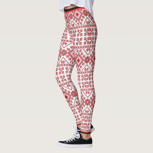 Leggings Fun Red Black Nordic Fair Isle Snowflake Motif (Gauche)