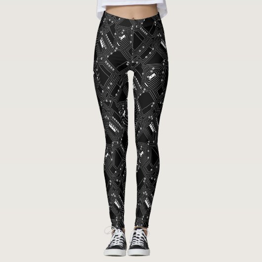 Leggings Funky Retro Black White Computer Circuit Board (Devant)