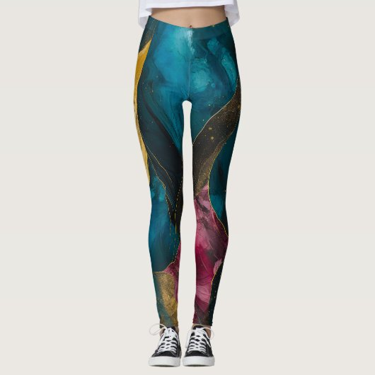 Leggings Fusion de marbre sarcelle et or de minuit (Devant)