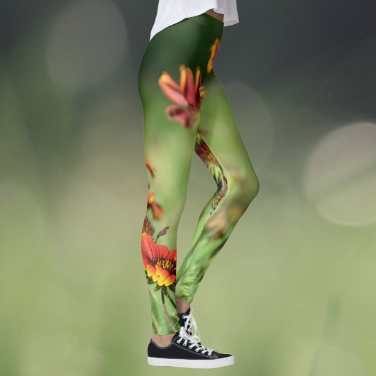 Leggings Gaillardia SunFlowers Fleur sauvage Floral Green