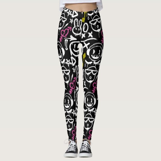 Leggings GFT02-Graffiti Fond Noir.Blanc (Devant)