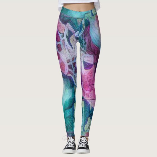 Leggings Giraffe rose et Turquoise Créative Faune Abstraite (Devant)