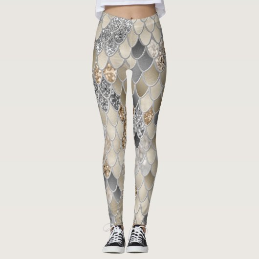 Leggings Glam de sirène gris argenté or #1 (Devant)