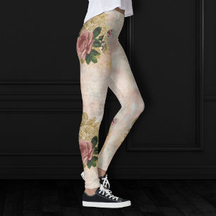 Leggings Glam Steampunk   Rose rose et or Rustique Floral