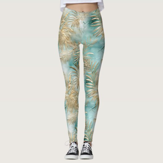 Leggings Gold Aqua White Feuilles tropicaux (Devant)