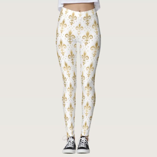 Leggings Gold fleur-de-lis seamless pattern on white (Devant)