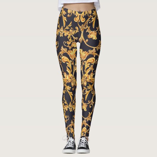 Leggings Golden Baroque, Scroll Feuille Motif. (Devant)