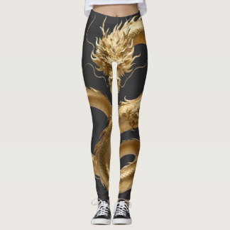 Leggings Golden Chinese Dragon Art | Mythical Creature Fant