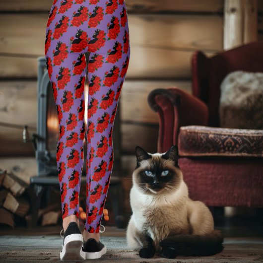 Leggings Gothique Chat Noir Roses Rouges Violet