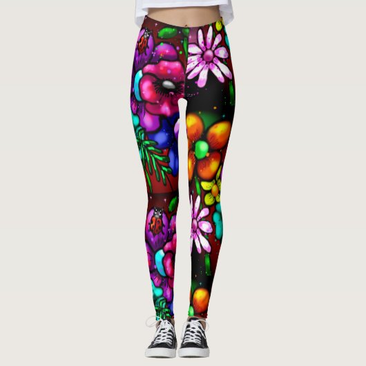 Leggings Graffiti Style Fleurs & Ladybug rose violet rouge (Devant)