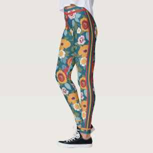 Leggings Grand imprimé floral rétro sur Turquoise avec band