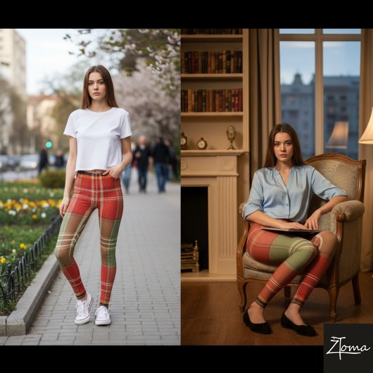 Leggings Grand Tartan Brun Vertical Rouge Sage