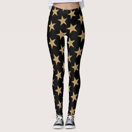 Leggings Grandes étoiles de Noël en or sur noir (Devant)