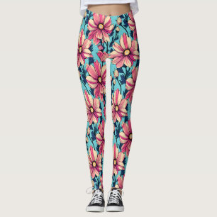 Leggings Grandes fleurs rose et bleu Motif