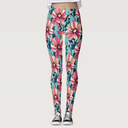 Leggings Grandes fleurs rose et bleu Motif (Devant)