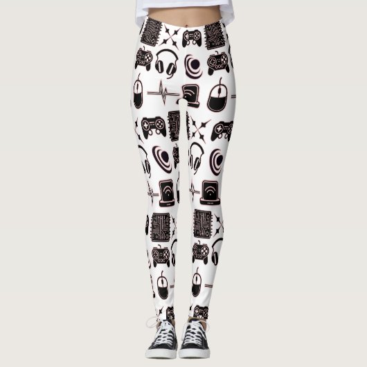Leggings Graphismes de jeu | Joueuse Noir, Blanc et Rose (Devant)