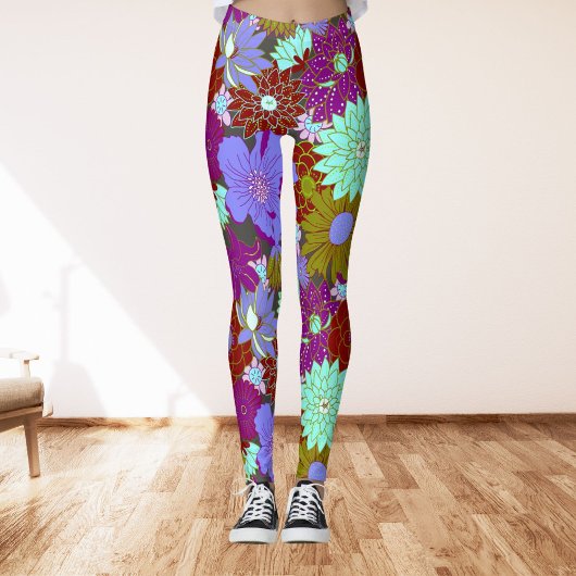 Leggings Gras grand motif floral sur violet et vert