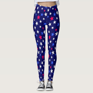 Leggings Gras Rouge, Bleu Patriotique et Étoiles Blanches 