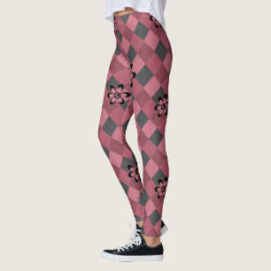 Leggings Gray rose géométrique à damiers motif avec fleurs