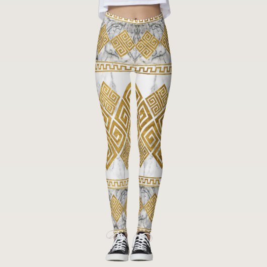 Leggings Greek Meander - Greek Key White Marble and Gold (Devant)