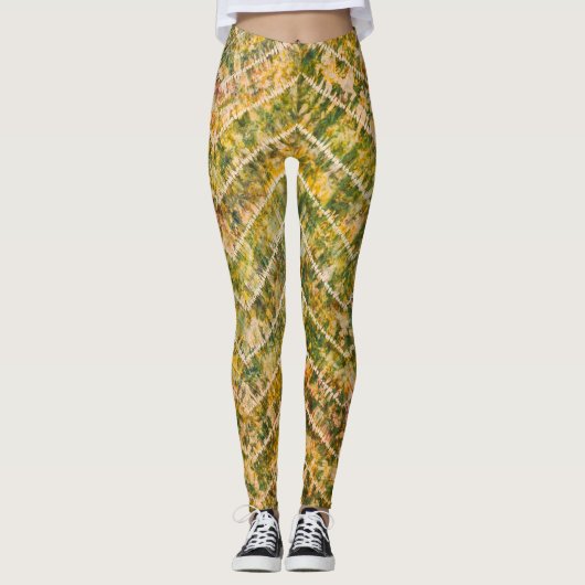 Leggings Green and Gold Tie Dye Chevron Pattern (Devant)