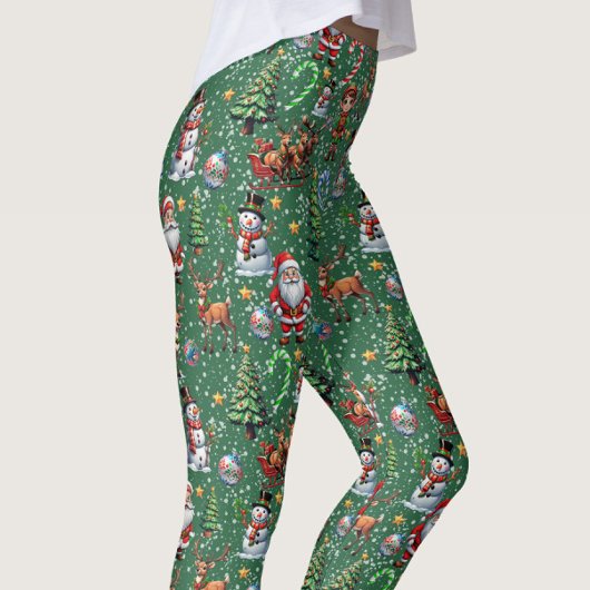 Leggings Green Background Christmas Decorative Pattern