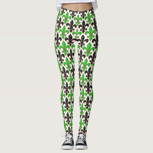 Leggings Green Black Baroque Fleur-de-lis Pattern Design (Devant)