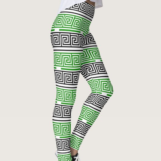 Leggings Green Black White Greek Key Fret Pattern Design 