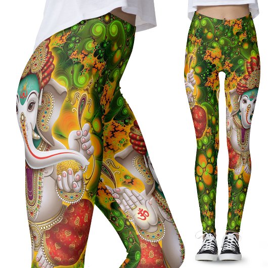 Leggings Green Ganesh God Hippie Boho Festival psychédéliqu