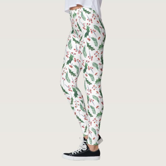 Leggings Green Holly Red Berries Motif de vacances (Gauche)