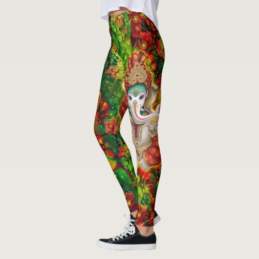 Leggings Green Red Ganesh Hippie Boho Psychedelic Festival (Gauche)