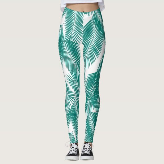 Leggings Green Tropical Palm Feuille Motif (Devant)