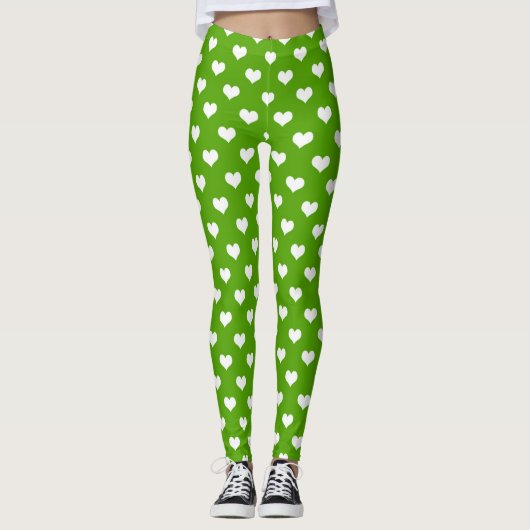 Leggings Green White Love Heart Motif Design (Devant)