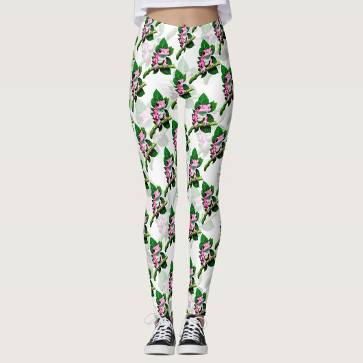 Leggings Grenouille Rose Sur La Feuille Verte Motif Design (Devant)