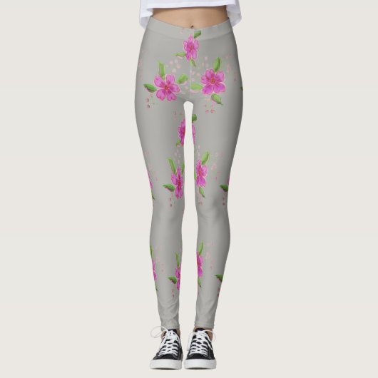 Leggings Gris Argent Élégants Avec Motif Floral (Devant)